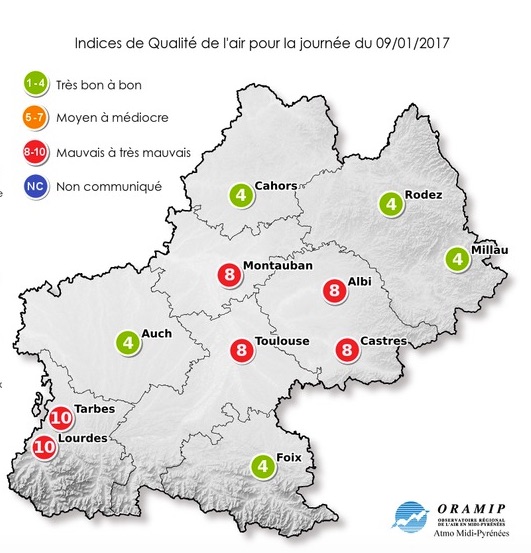 Carte de pollution sur la Haute-Garonne.
