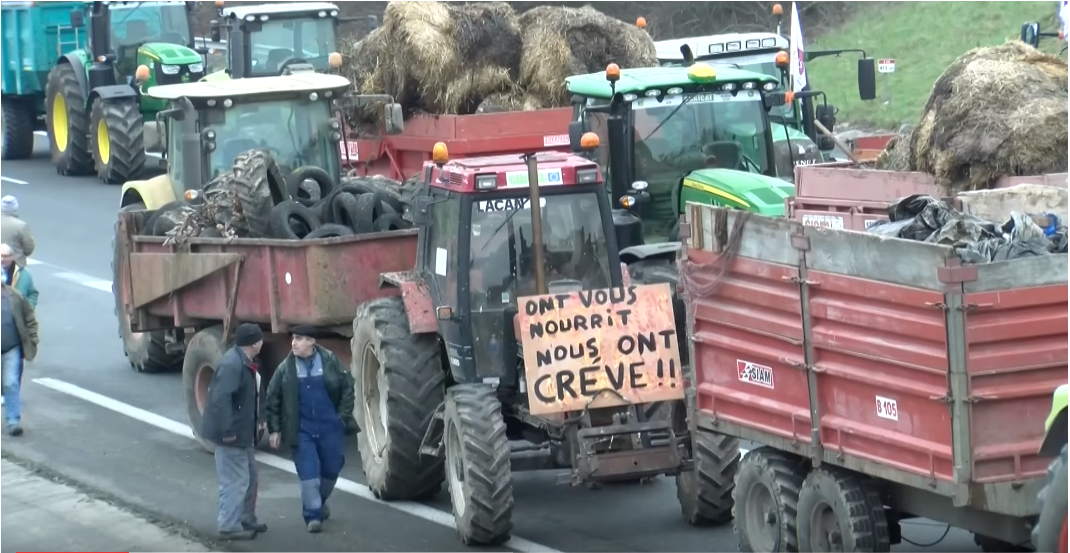 Les agriculteurs manifestaient le 31 janvier dans le Gers. CP : Capture d'écran du reportage de M. Yhuel et V. Segal, à Toulouse