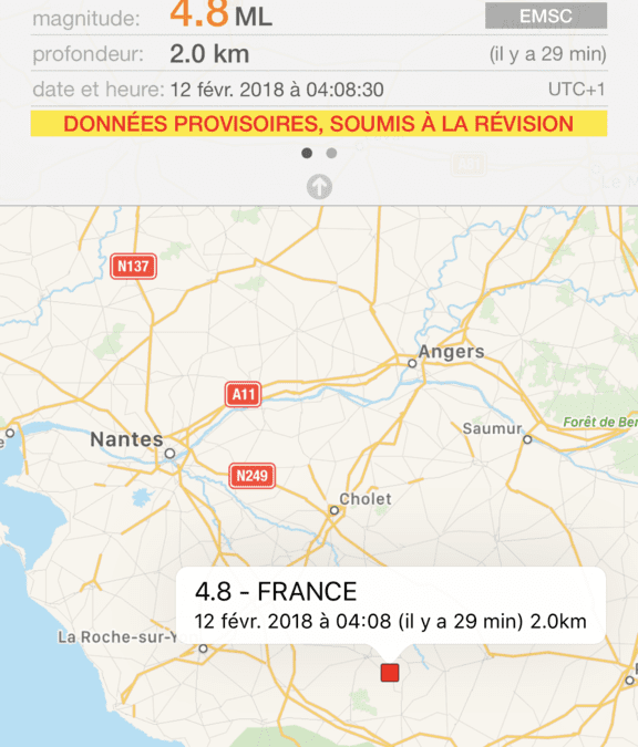 Un séisme de magnitude 4,8 a été ressenti cette nuit en Vendée et dans les Deux Sèvres.
