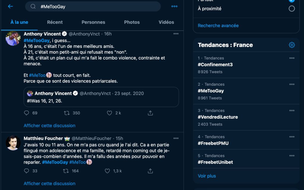 Une semaine après la vague #metooinceste, c'est au tour des homosexuels de témoigner sous le mot-dièse #MeTooGay. Crédit : Twitter, Noémie Bouisset