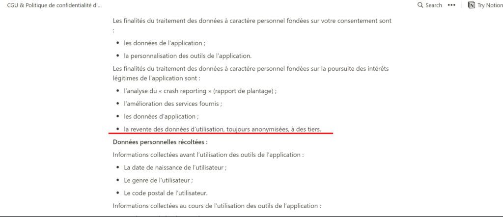 Capture d'écran des conditions d'utilisation. Réalisée le dimanche 16 janvier à 17h40