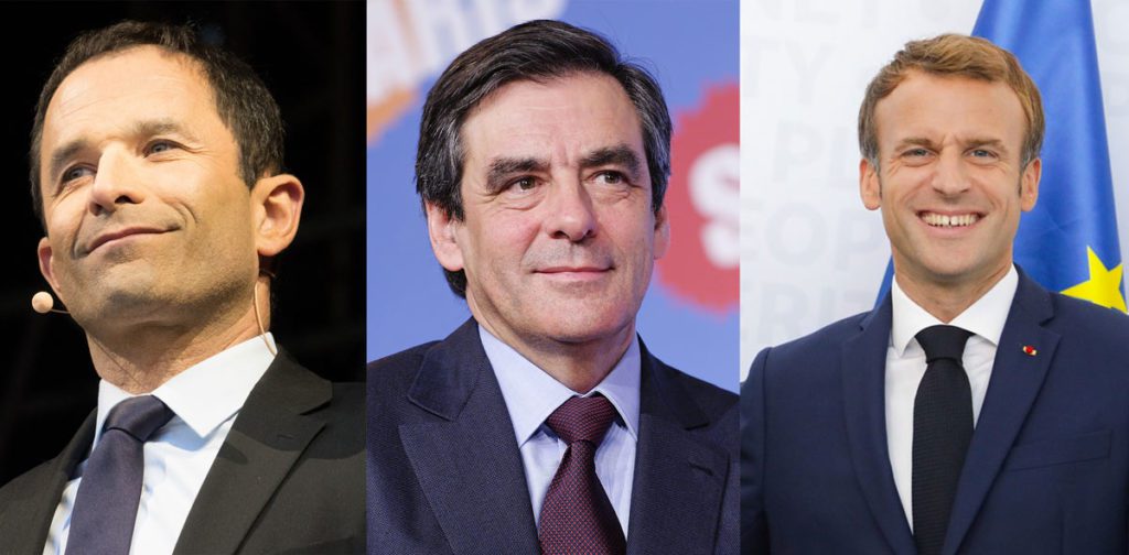Benoît Hamon, François Fillon, Emmanuel Macron. © Wikicommons