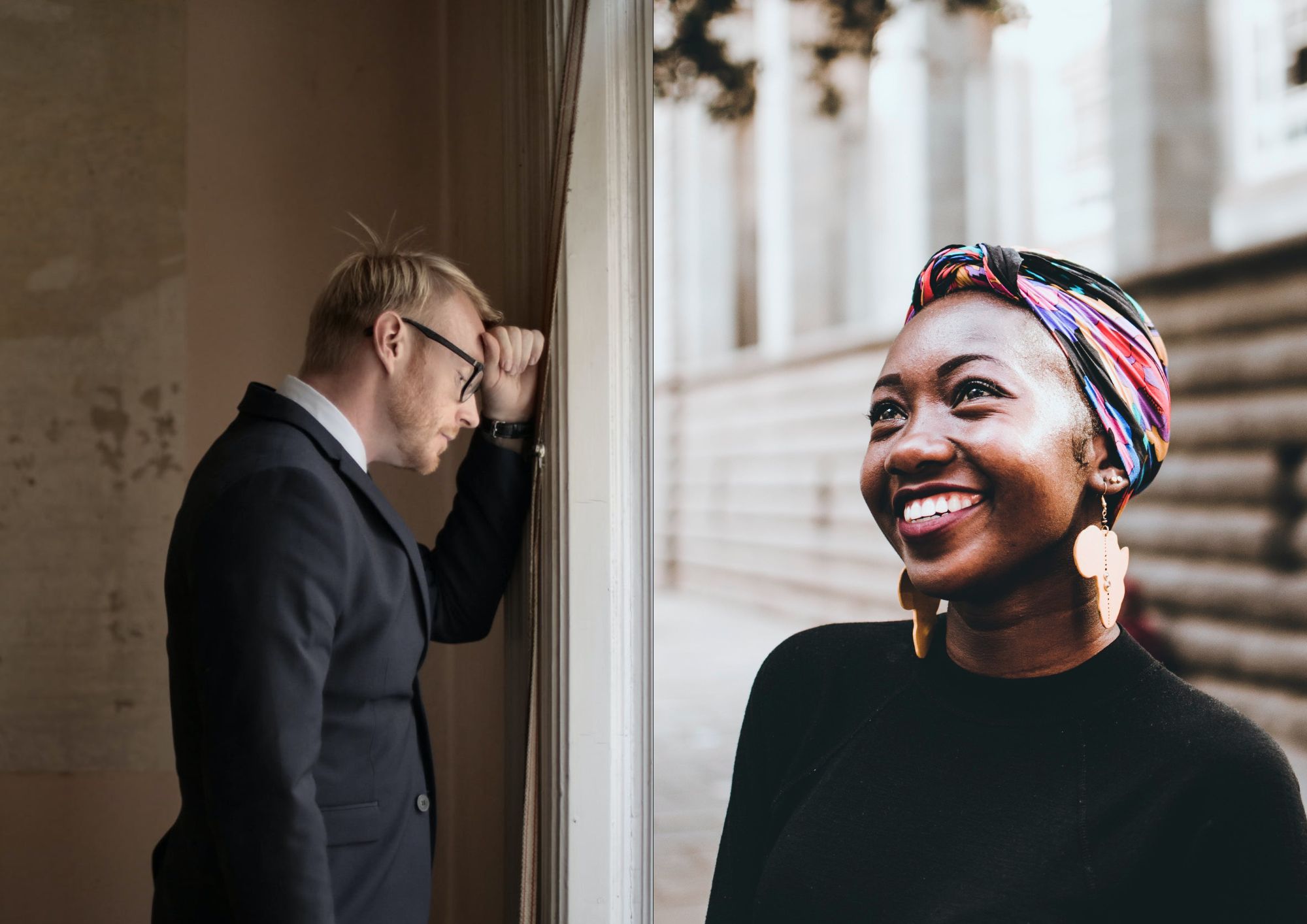 Homme déprimé et femme joyeuse. Image libre de droit.