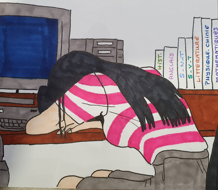 Dessin d'une adolescente endormie sur son bureau.