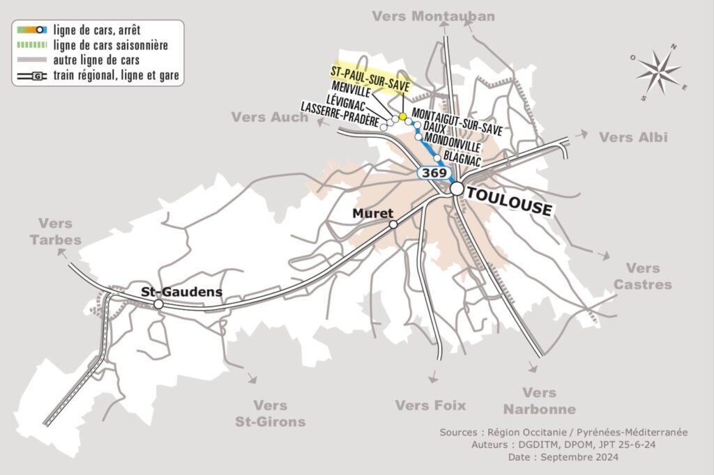 Le car Lio 369, qui dessert St Paul sur Save, passe une à deux fois par jour.
Source: Open Data Région Occitanie