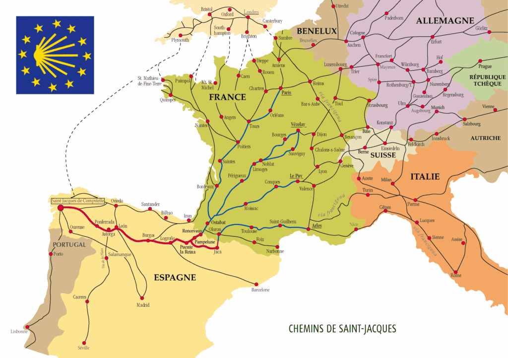 Carte des différents chemins d'Europe de l'Ouest